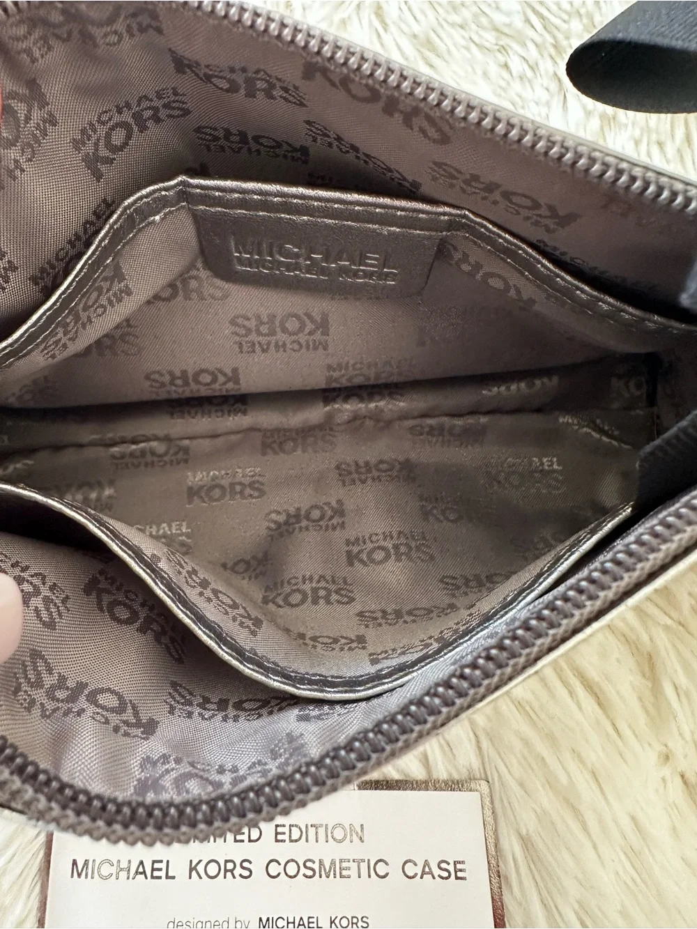 MICHAEL KORS Metallic Silver MK Logo Cosmetic Makeup Case Travel Bag